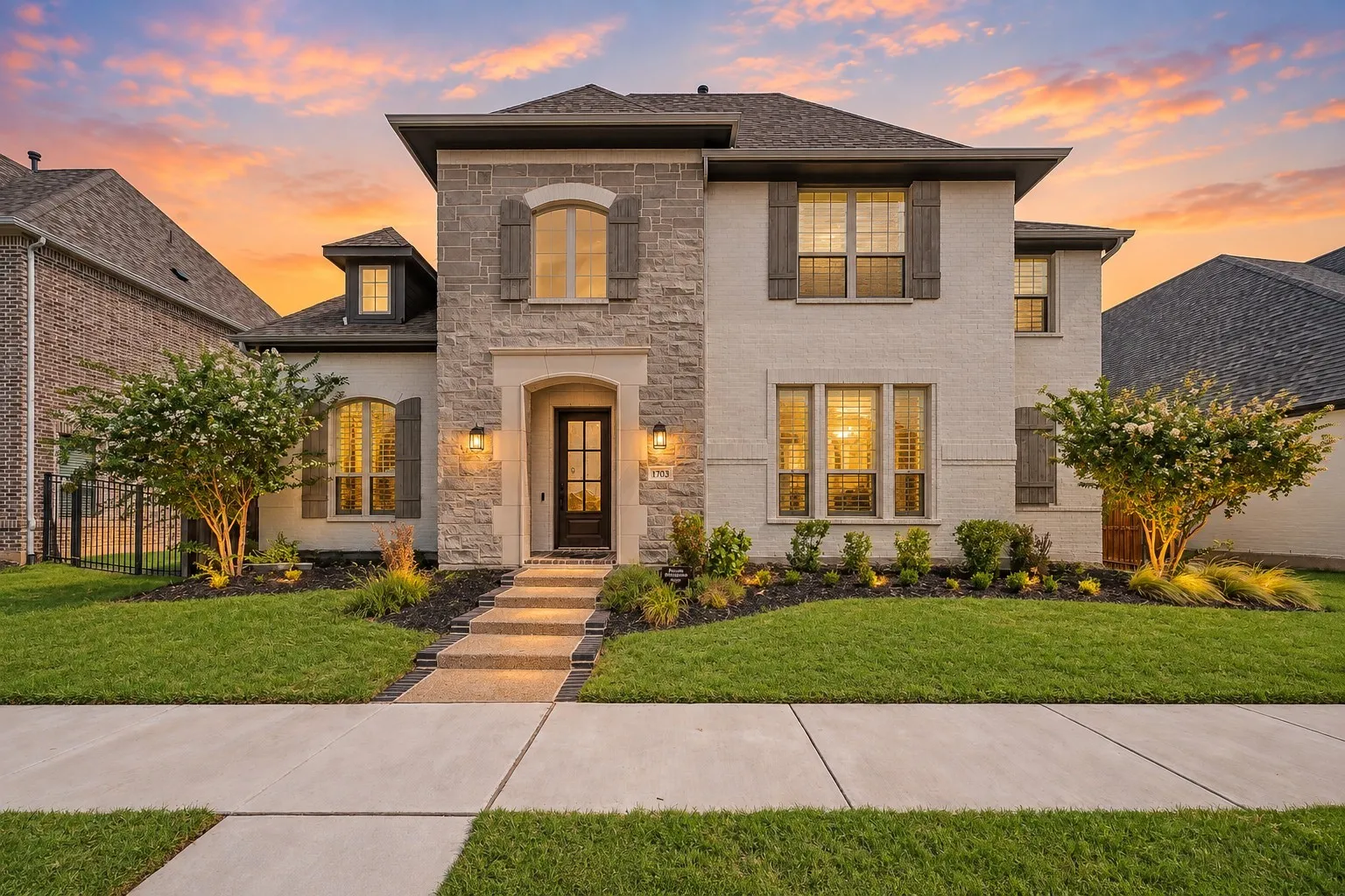 Stone and brick exterior, arched entry, decorative window shutters, dual exterior light fixtures, and a landscaped front yard with a concrete walkway