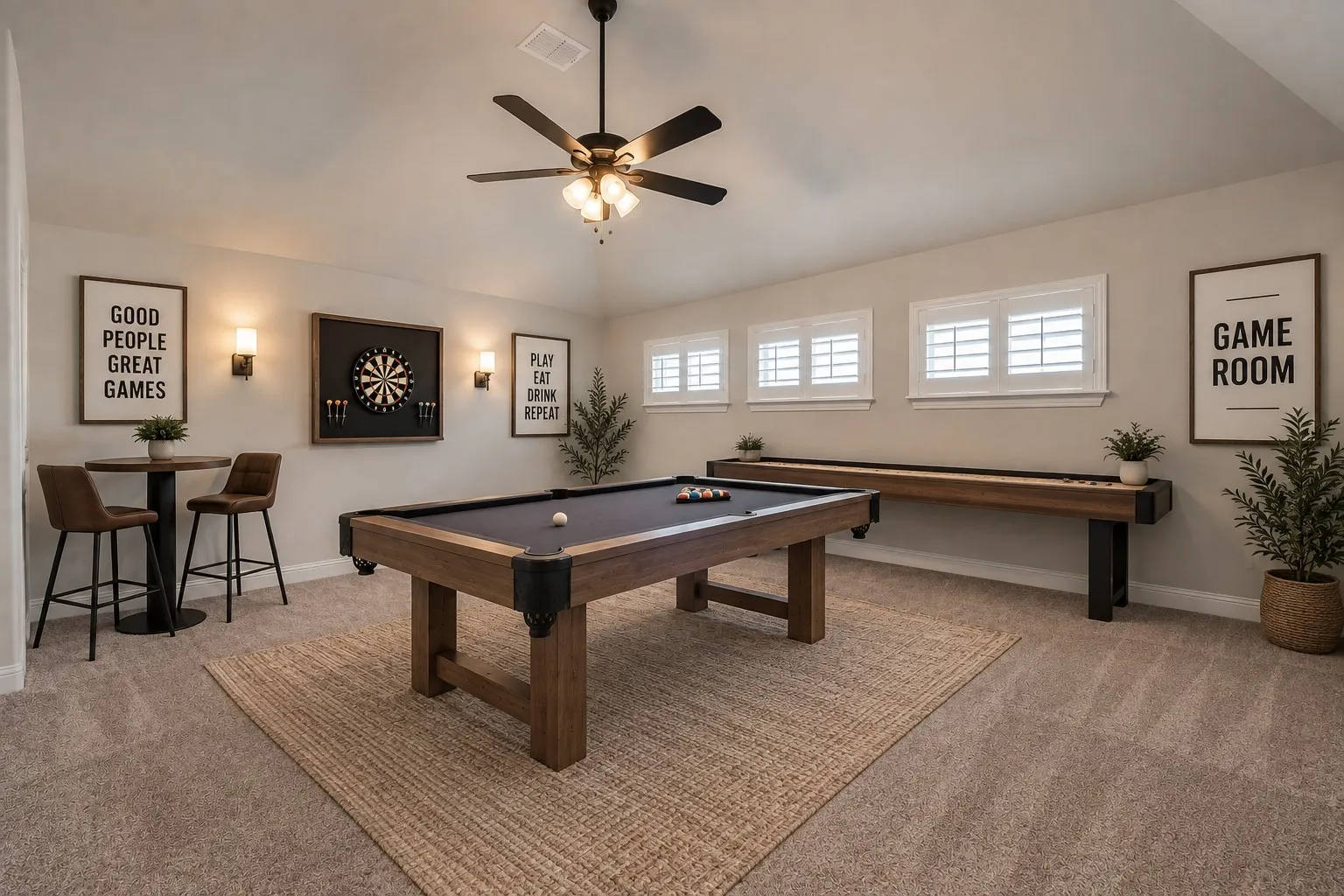 Carpeted recreation room featuring a ceiling fan, wall sconces, three windows with white shutters, and a dartboard