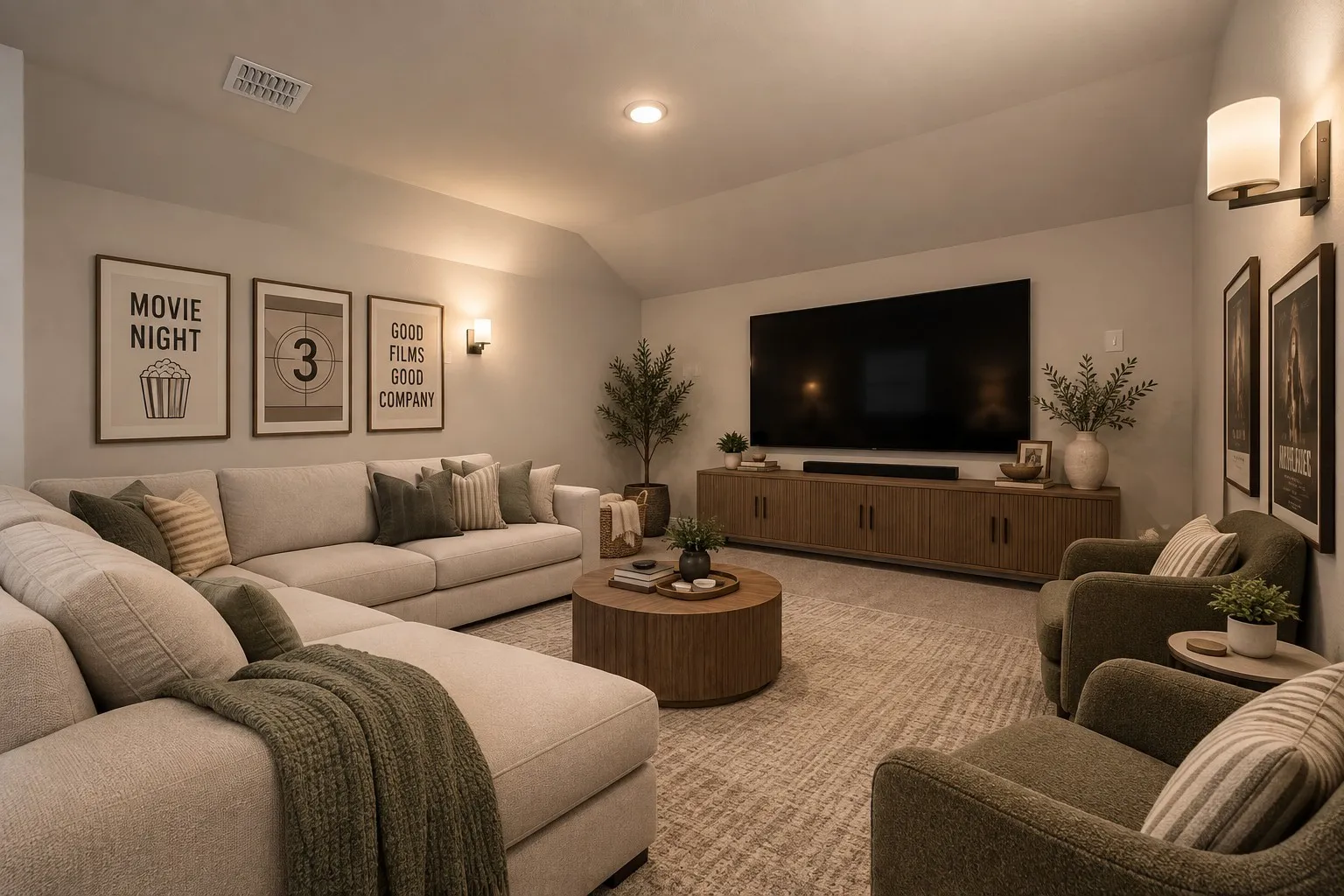 Spacious media room featuring sloped ceilings, recessed lighting, and wall-mounted sconces