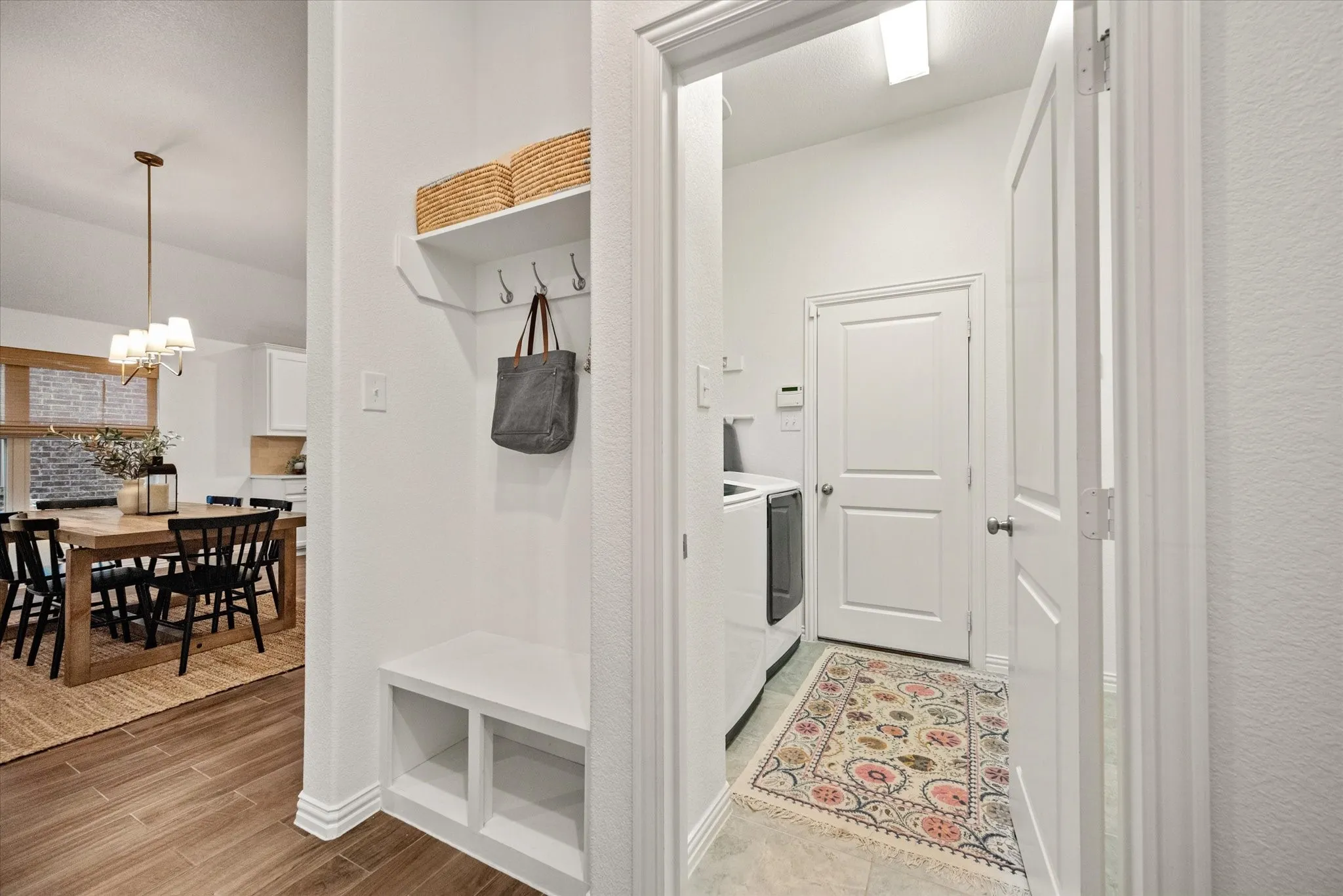 Built-in hall tree with bench seating and coat hooks
