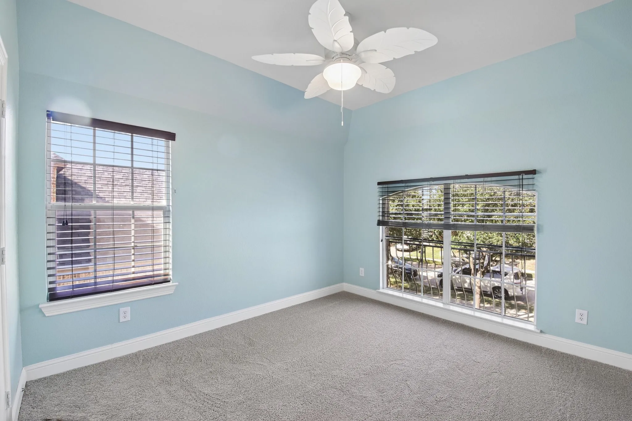 Bedroom 3 with recessed ceiling, neutral carpet flooring, and two windows with blinds