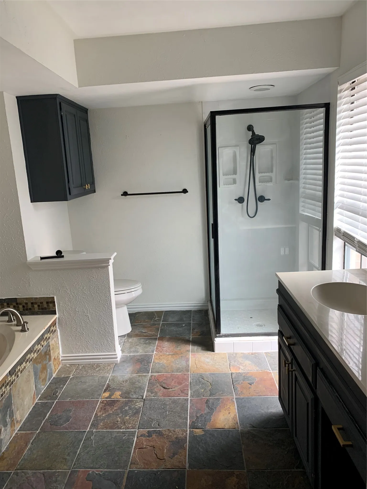 Full bathroom with vanity, shower with separate bathtub, and toilet