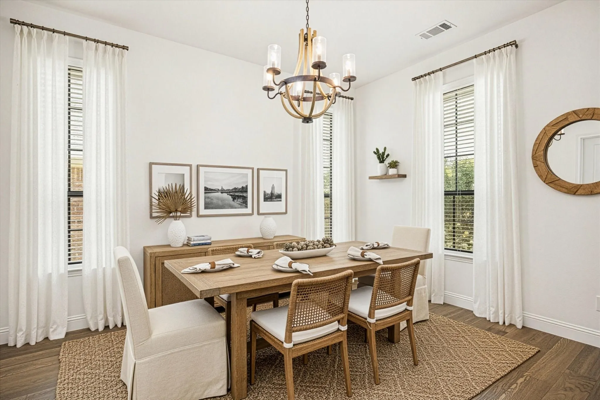 Virtual staging Wood-finish flooring with an overhead chandelier featuring wood and metal accents