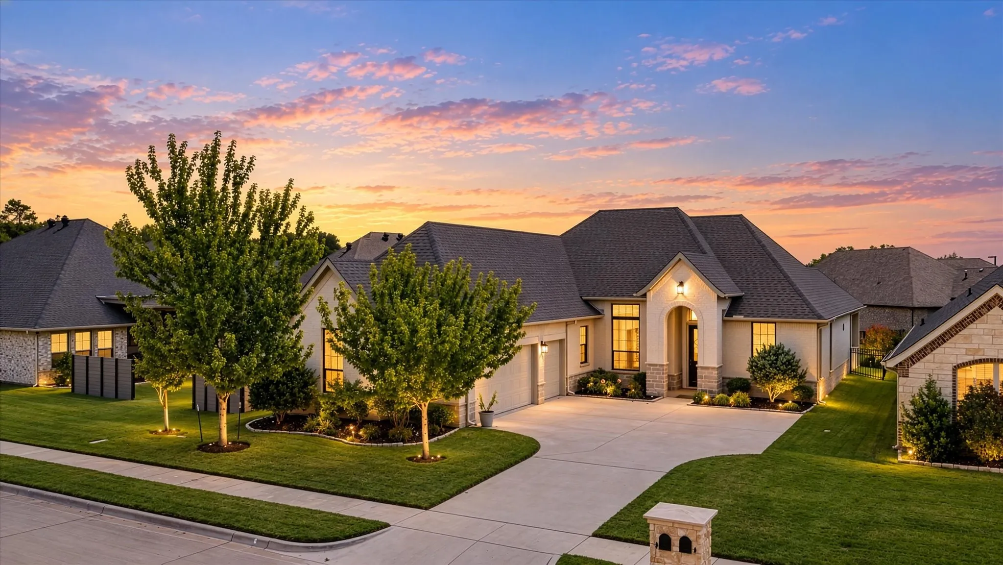 Exterior featuring a stucco and stone facade, dark shingle roof, arched entryway, concrete driveway, and established landscaping with accent lighting