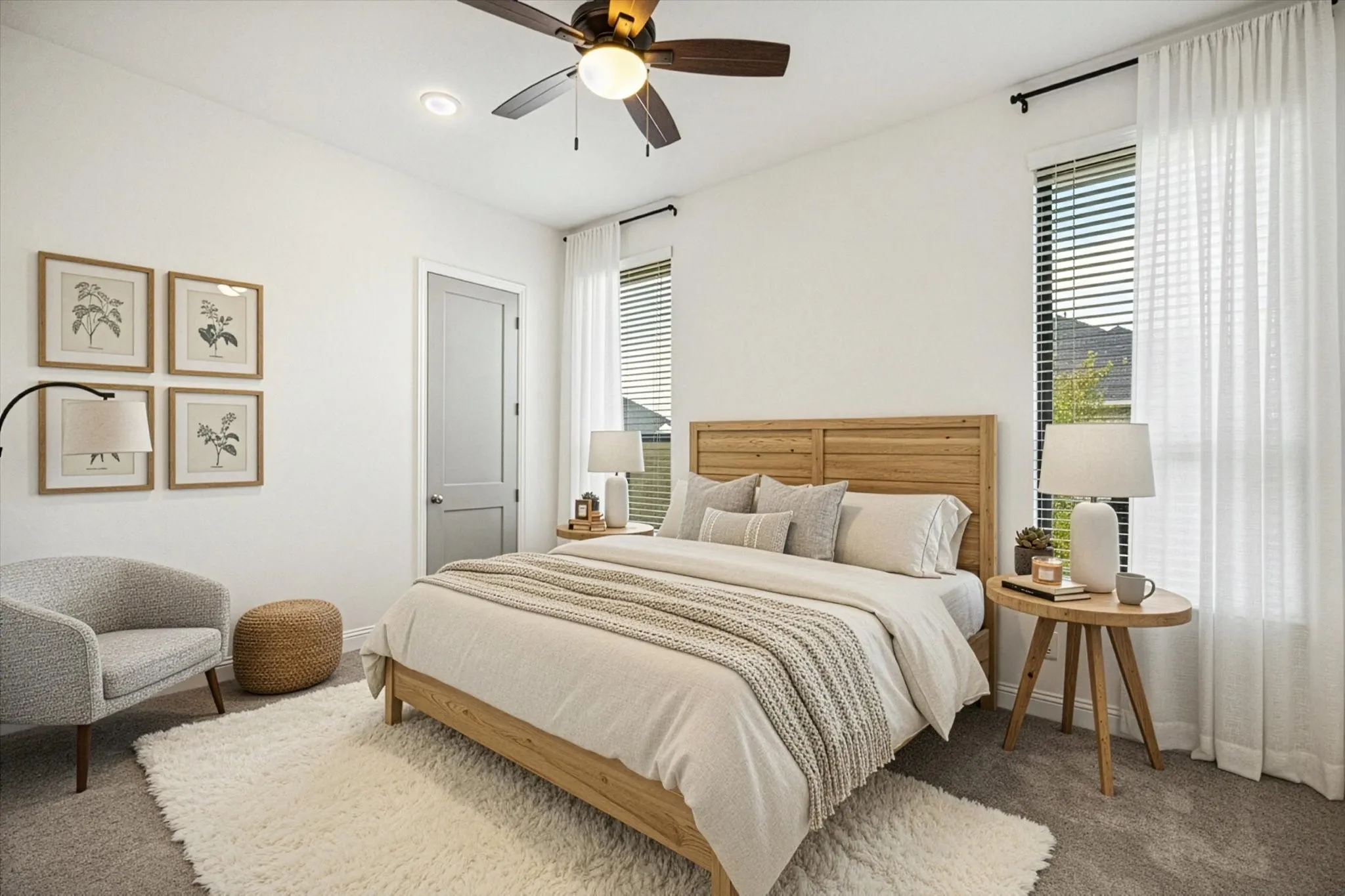Virtual staging Recessed lighting with ceiling fan, light gray wall paint, and carpeted flooring
