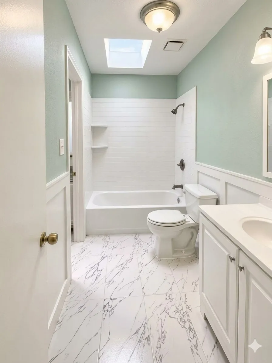 Bathroom featuring a skylight, white subway tile shower surround, built-in shower shelving, a single vanity with storage, and patterned tile flooring