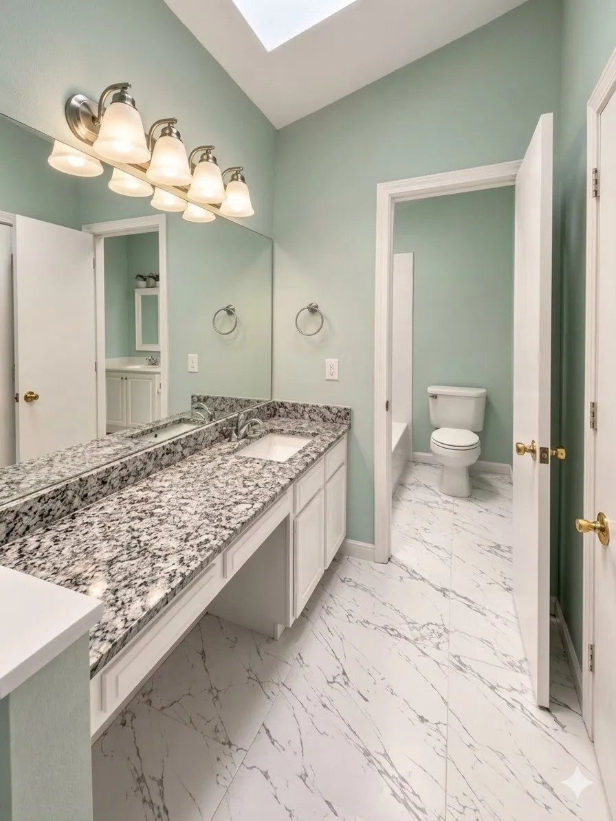 Vaulted ceiling with skylight, dual-sink vanity with granite countertop, white cabinetry, and white-veined tile flooring