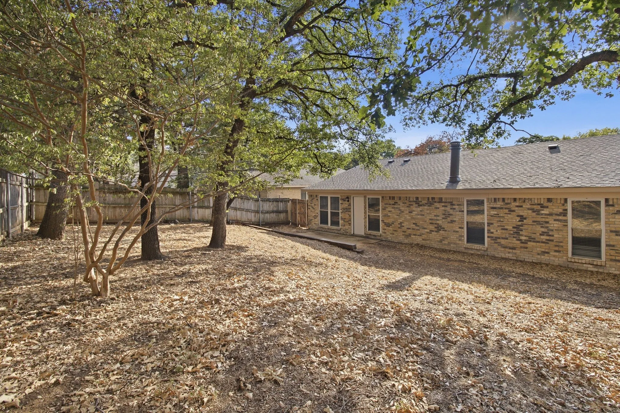 Backyard with a brick exterior, multiple windows, a rear entry door, and mature trees