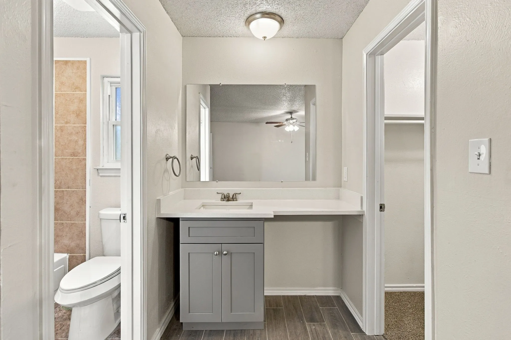 Vanity area featuring a single basin sink, light-toned countertop, gray cabinetry, and wood-finish flooring