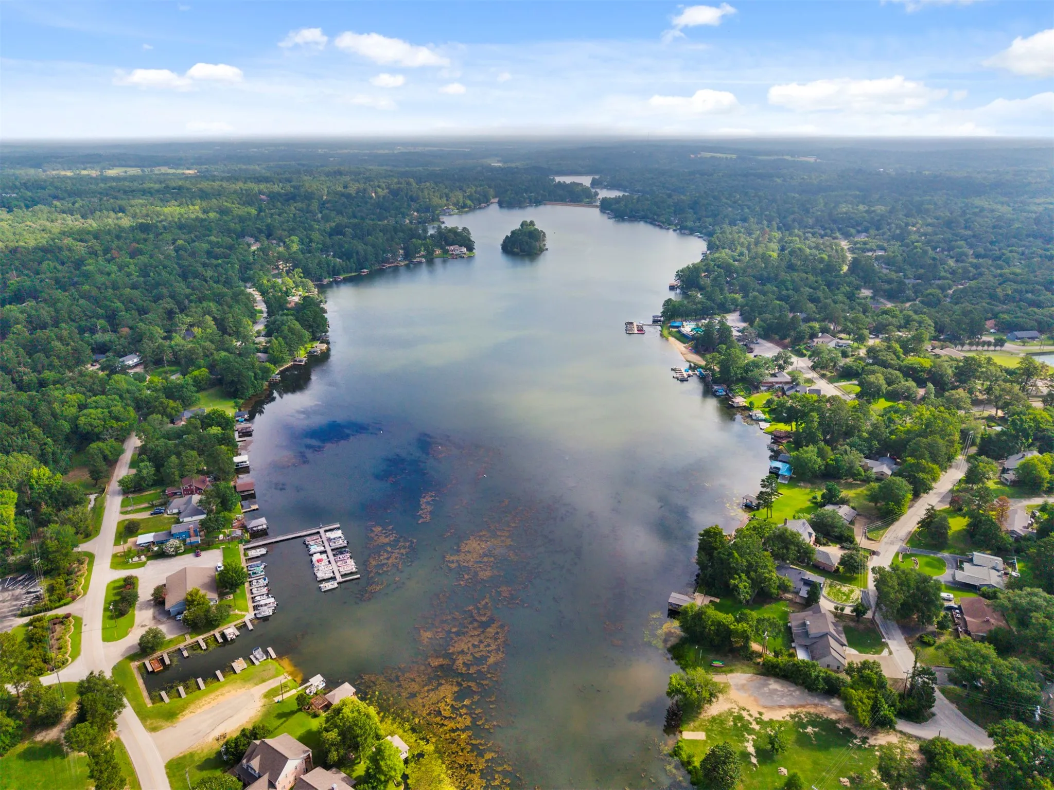 Expansive lakefront setting featuring a central island, multiple docks, and surrounding wooded shoreline