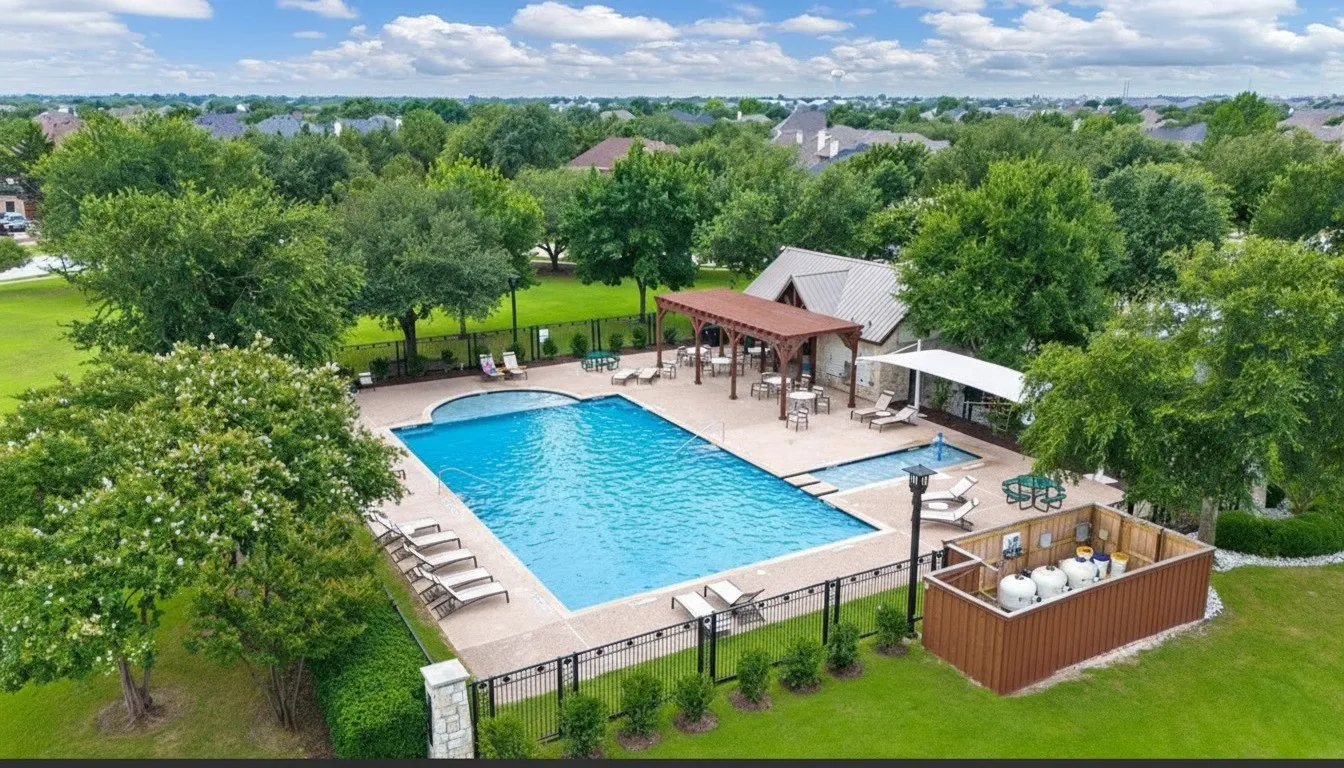Resort-style pool with integrated spa, adjacent covered outdoor lounge area, open-air pergola, and surrounding paved deck