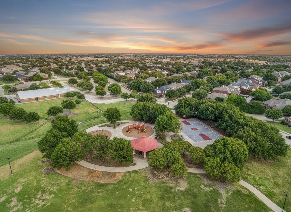 Expansive park area featuring a playground, basketball court, and covered pavilion, surrounded by mature trees