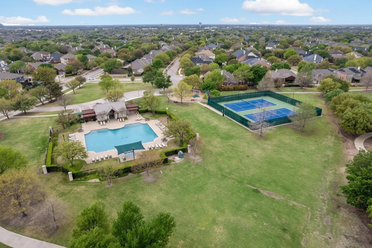 Community pool with a structured building, surrounded by green landscaping and multiple tennis courts
