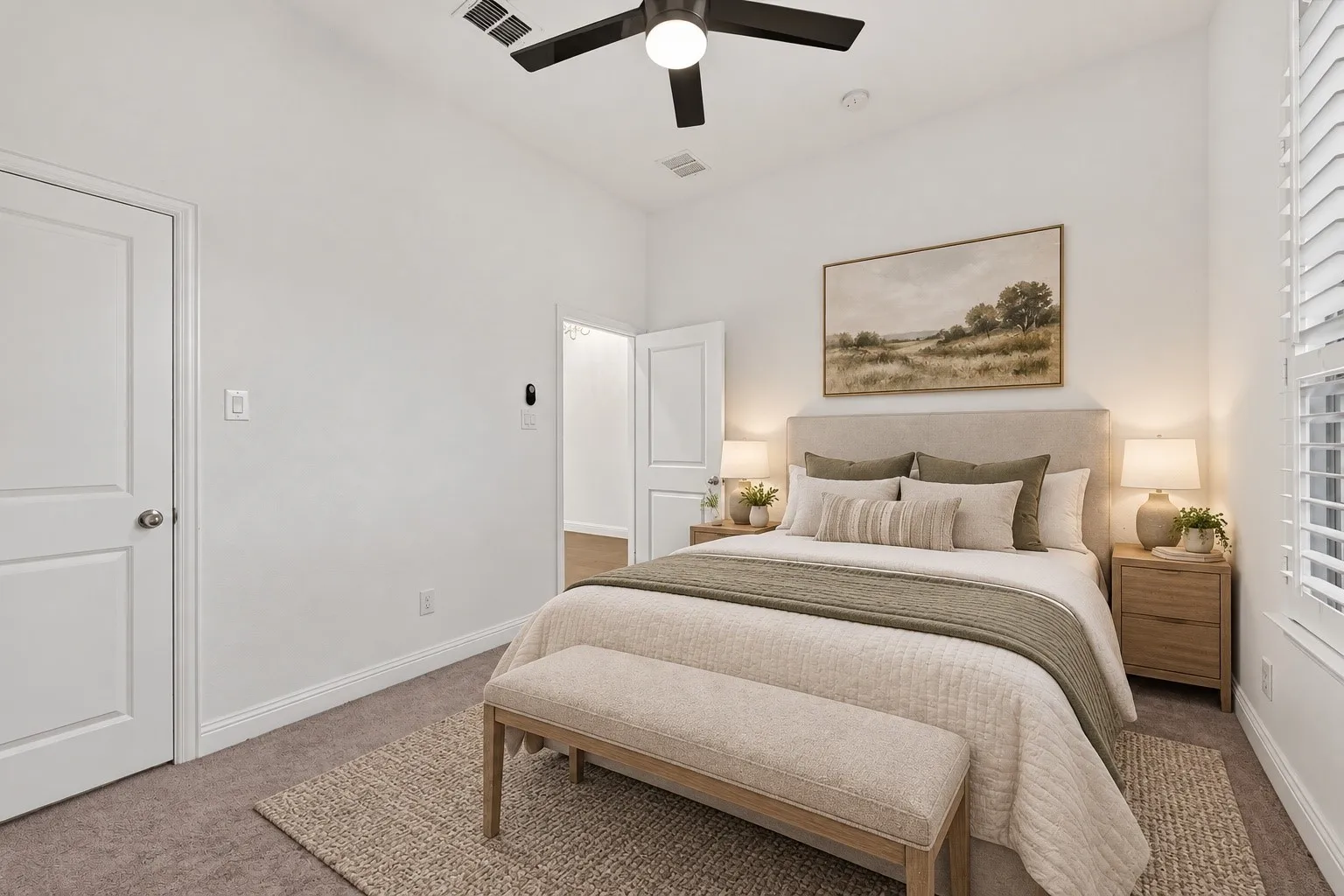 Ceiling fan, neutral carpet flooring, white paneled doors, window with louvered shutters, recessed lighting