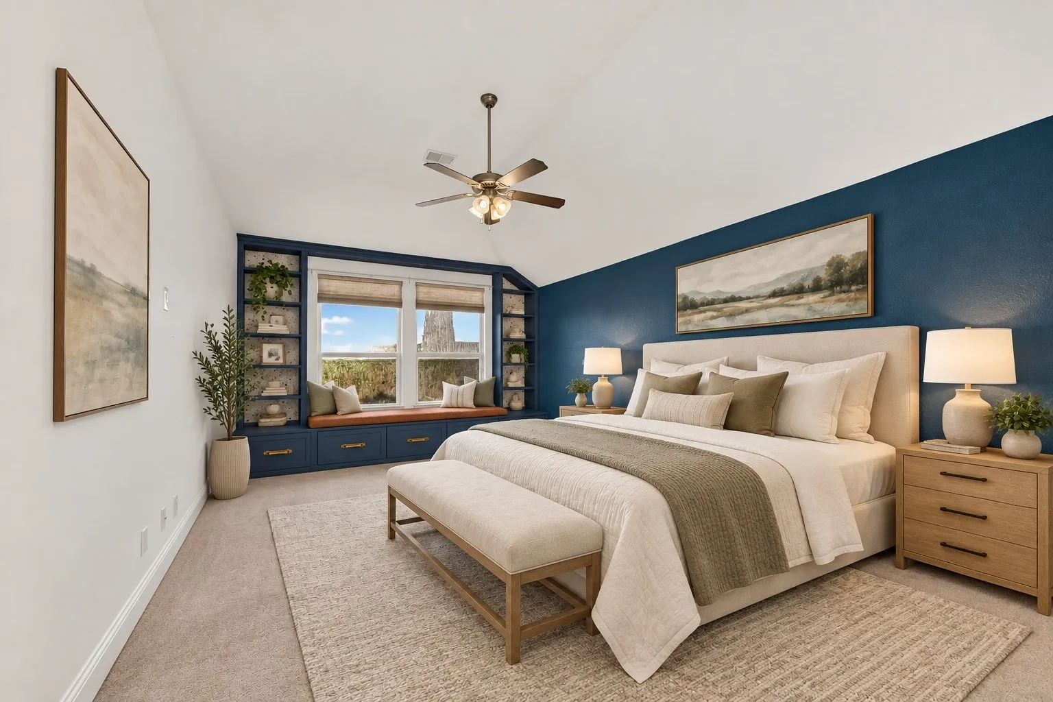 Vaulted ceiling with a ceiling fan, window seat with built-in storage and shelving, carpeted flooring, and a feature wall