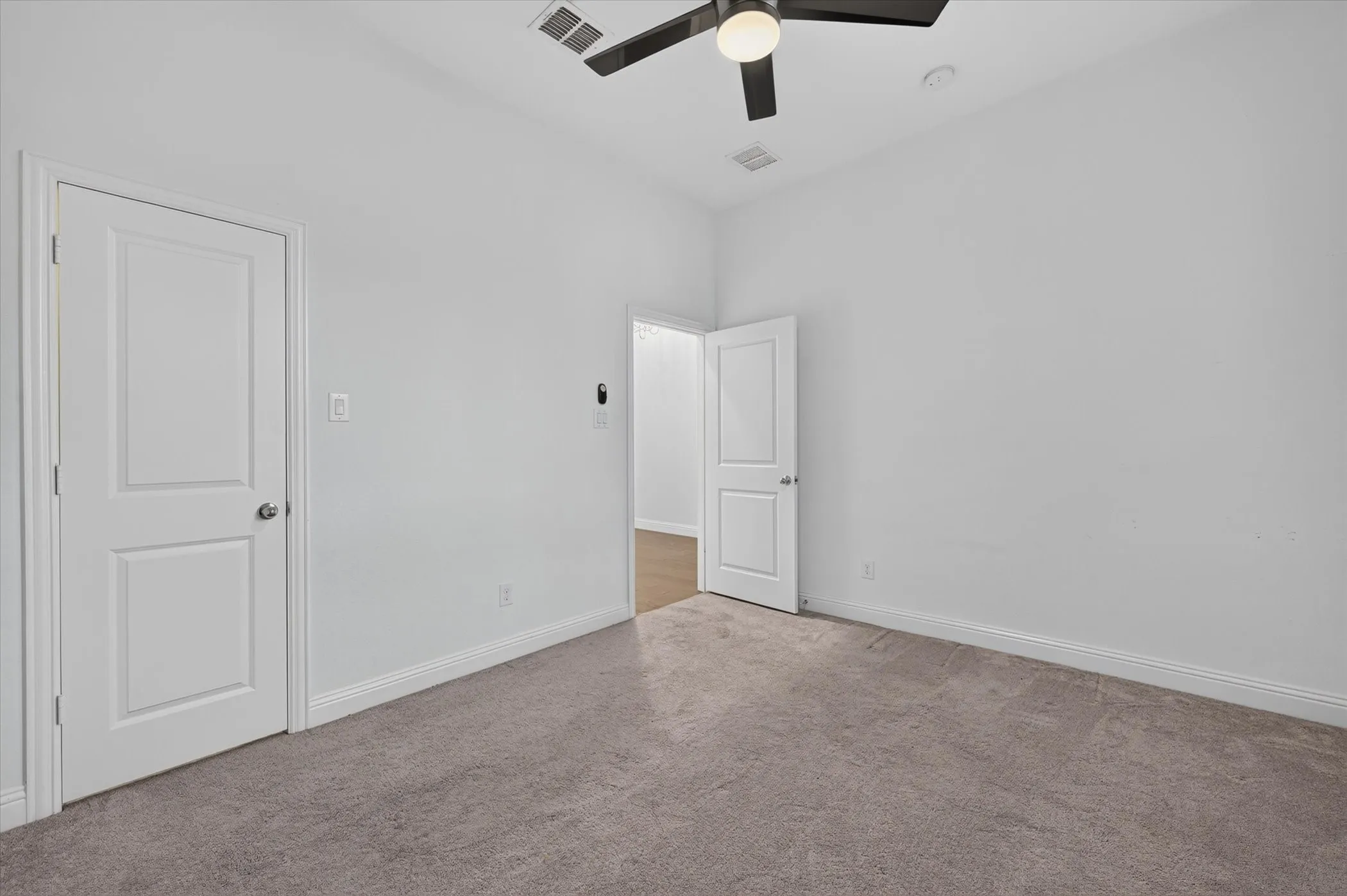 Plush gray carpet flooring, white walls, and a ceiling fan with light fixture
