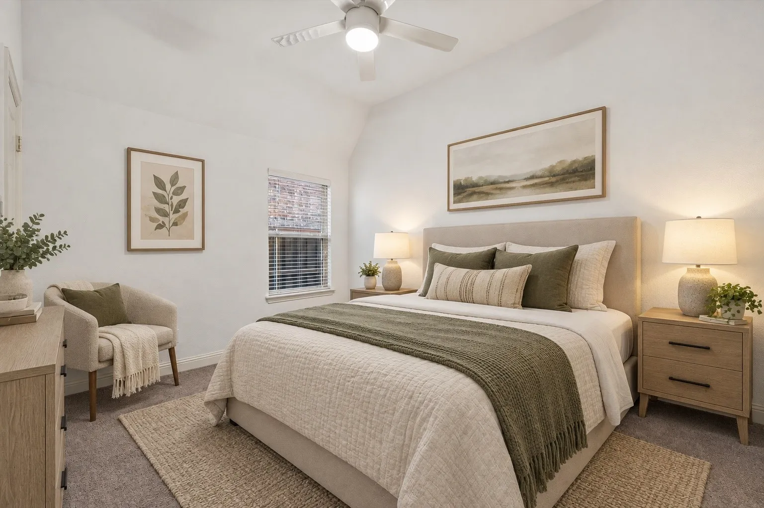 Vaulted ceiling with a ceiling fan, window with blinds, and light-toned carpet flooring