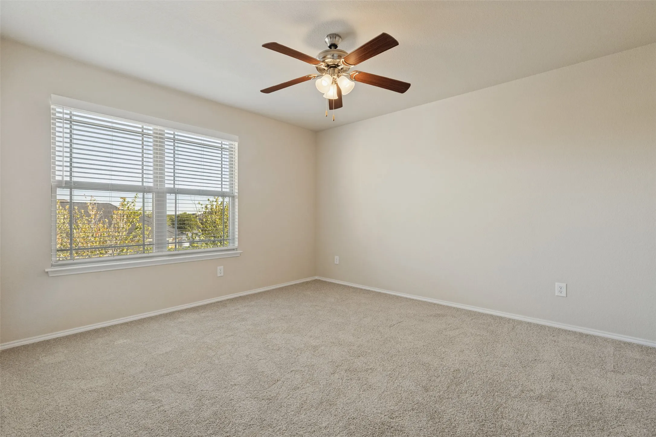 Neutral-toned carpet flooring, light wall paint, and a window with blinds