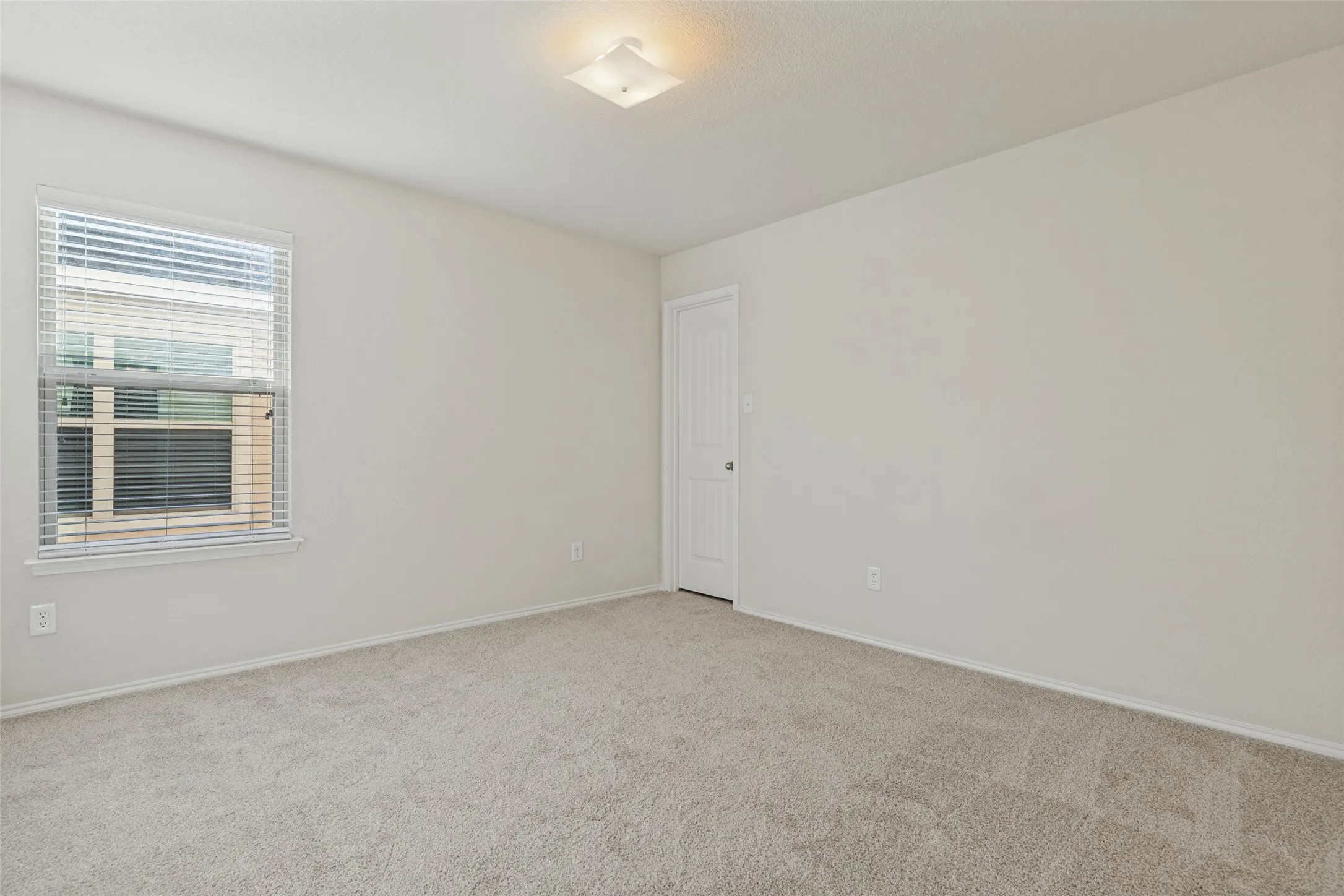 Light-colored carpeting, white interior walls, white trim, and a ceiling-mounted light fixture