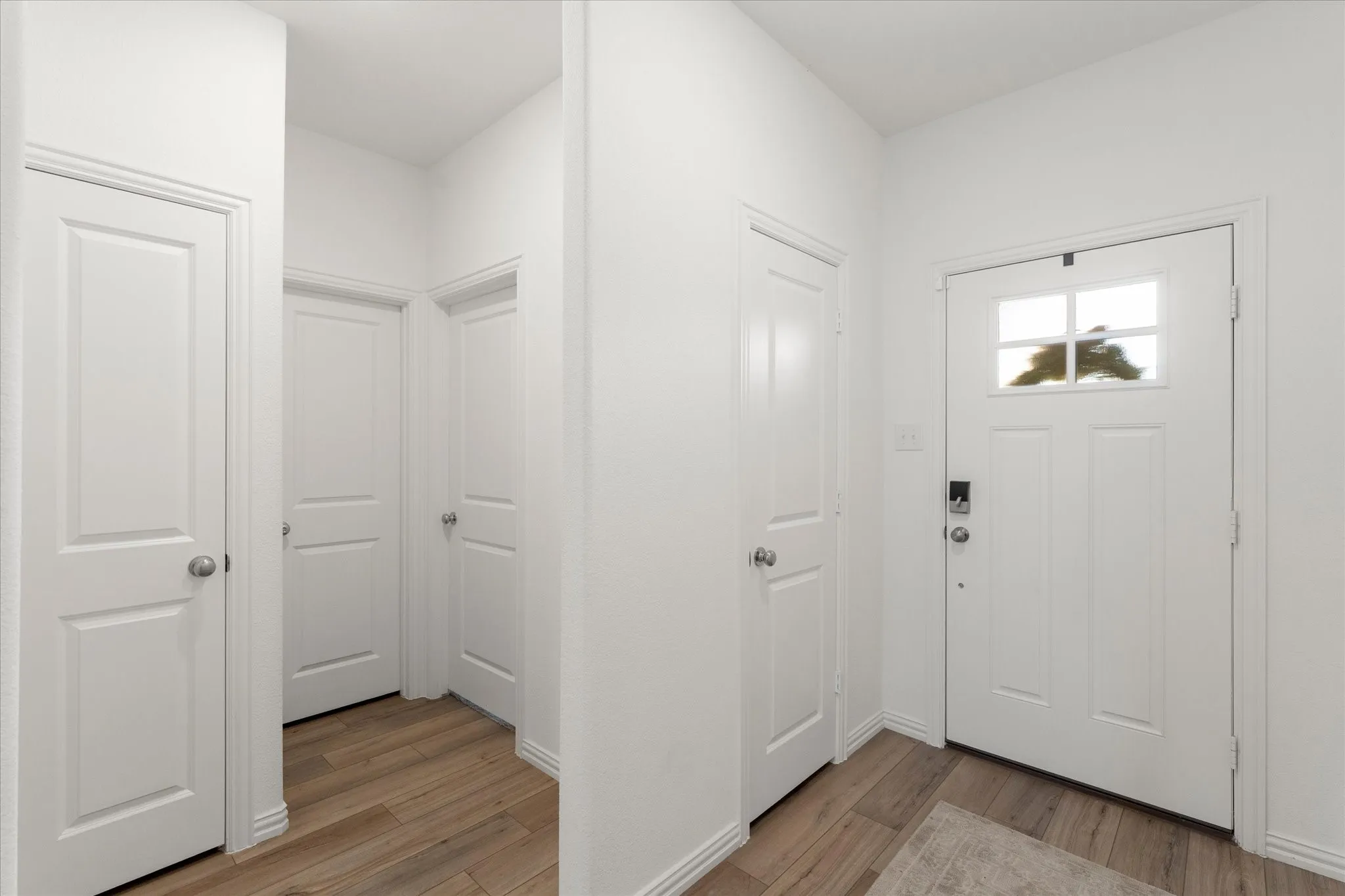 Entryway featuring a paneled door with glass inserts, wood-finish flooring, and white painted walls