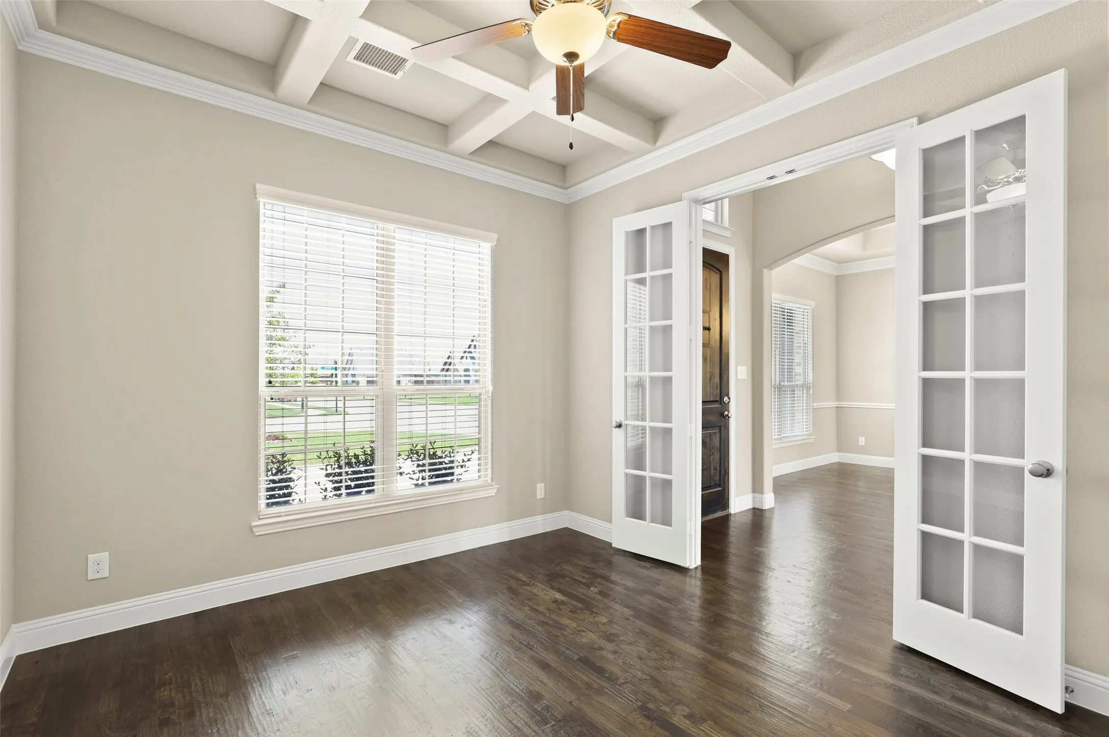 Dedicated Office with french doors and coffered ceiling