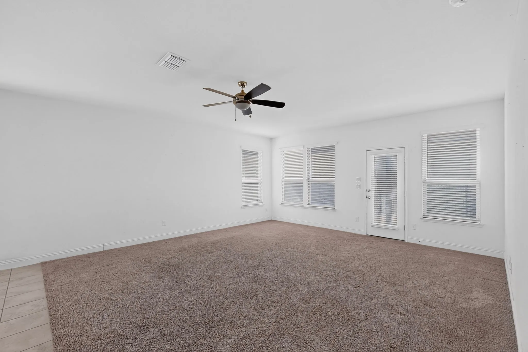 Expansive room featuring carpet flooring, tile flooring, multiple windows with horizontal blinds, a white-framed glass-paneled door, and a ceiling fan