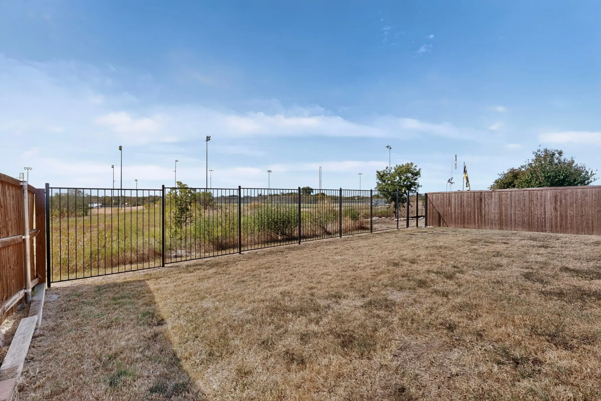Expansive backyard featuring a combination of wood panel fencing and black metal fencing