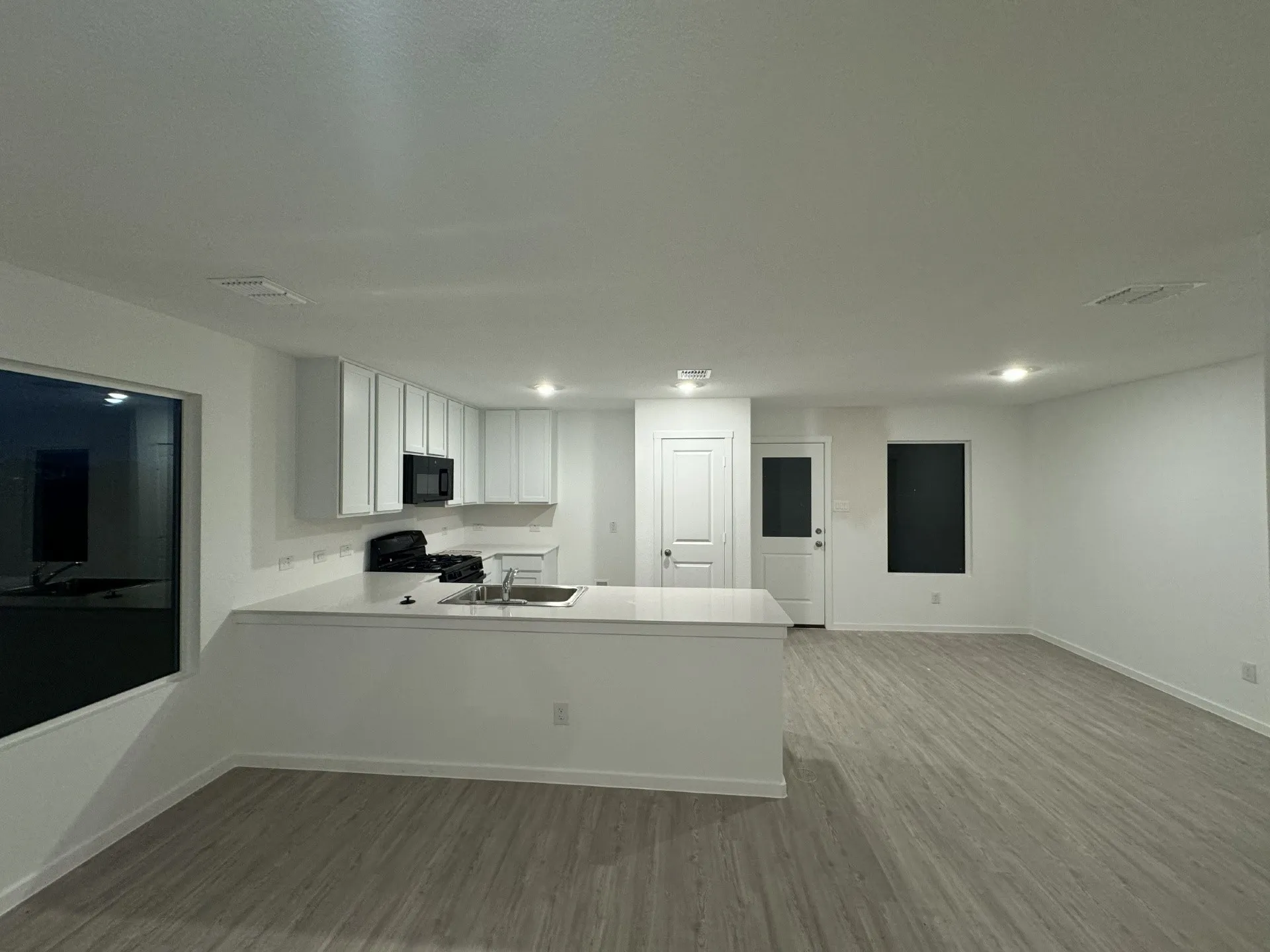 Open-concept living space with wood-finish flooring