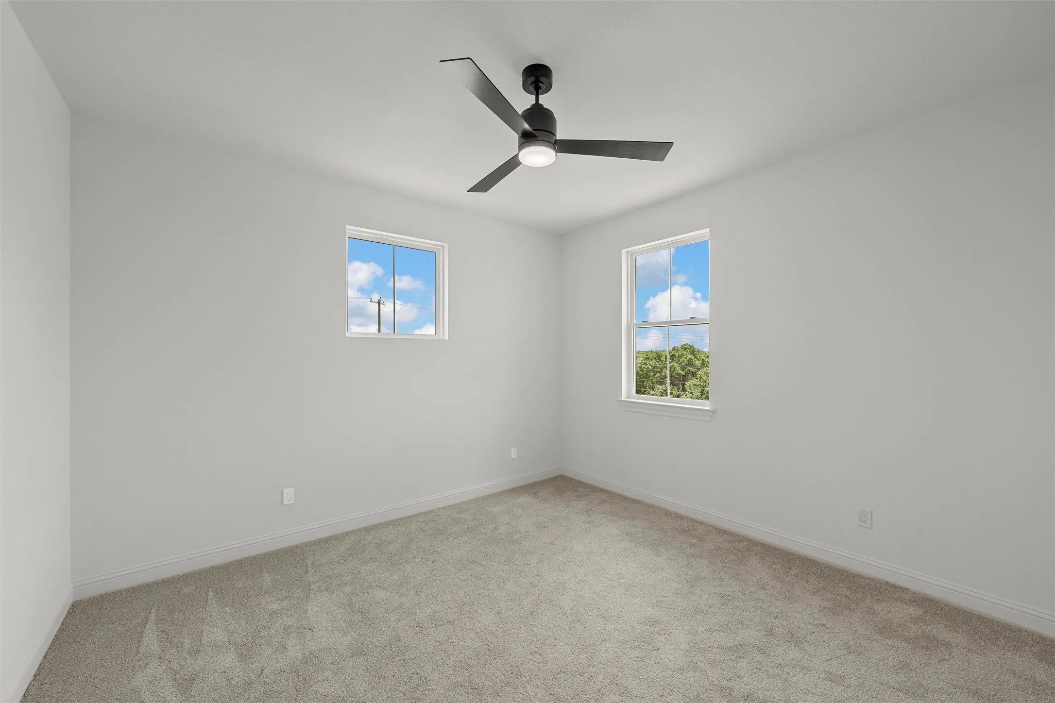 Neutral wall paint, carpeted flooring, two windows, and a ceiling fan with integrated lighting