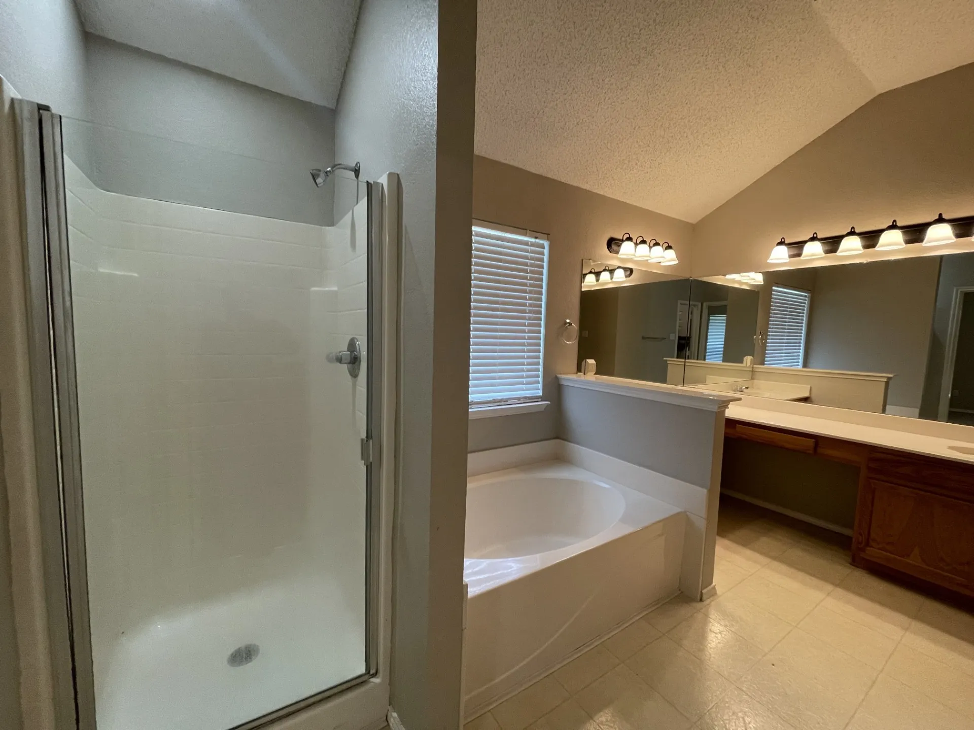 Full bathroom featuring a shower stall, a garden tub, lofted ceiling, vanity, and a textured ceiling