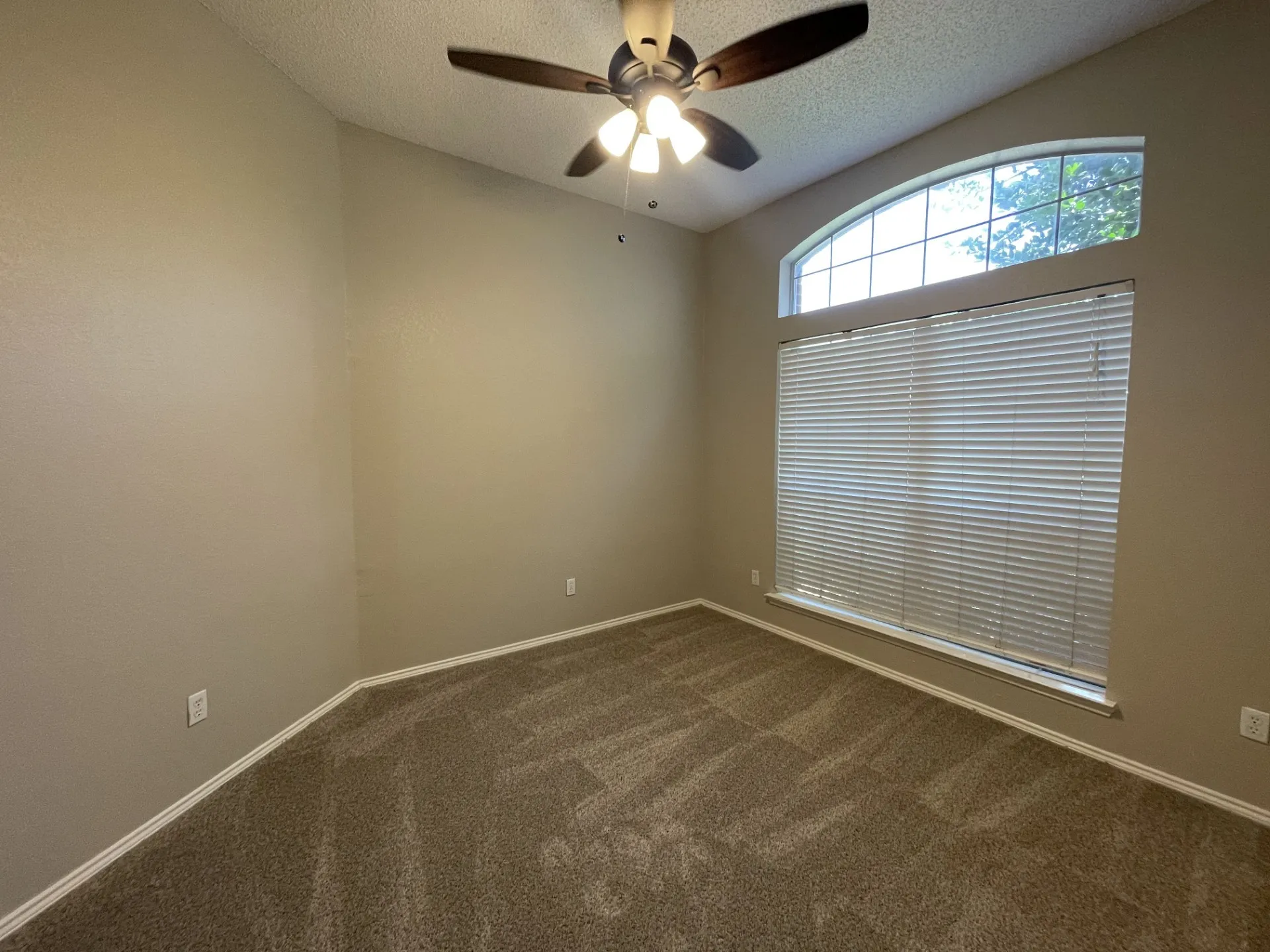 Empty room with dark colored carpet, ceiling fan, and a textured ceiling
