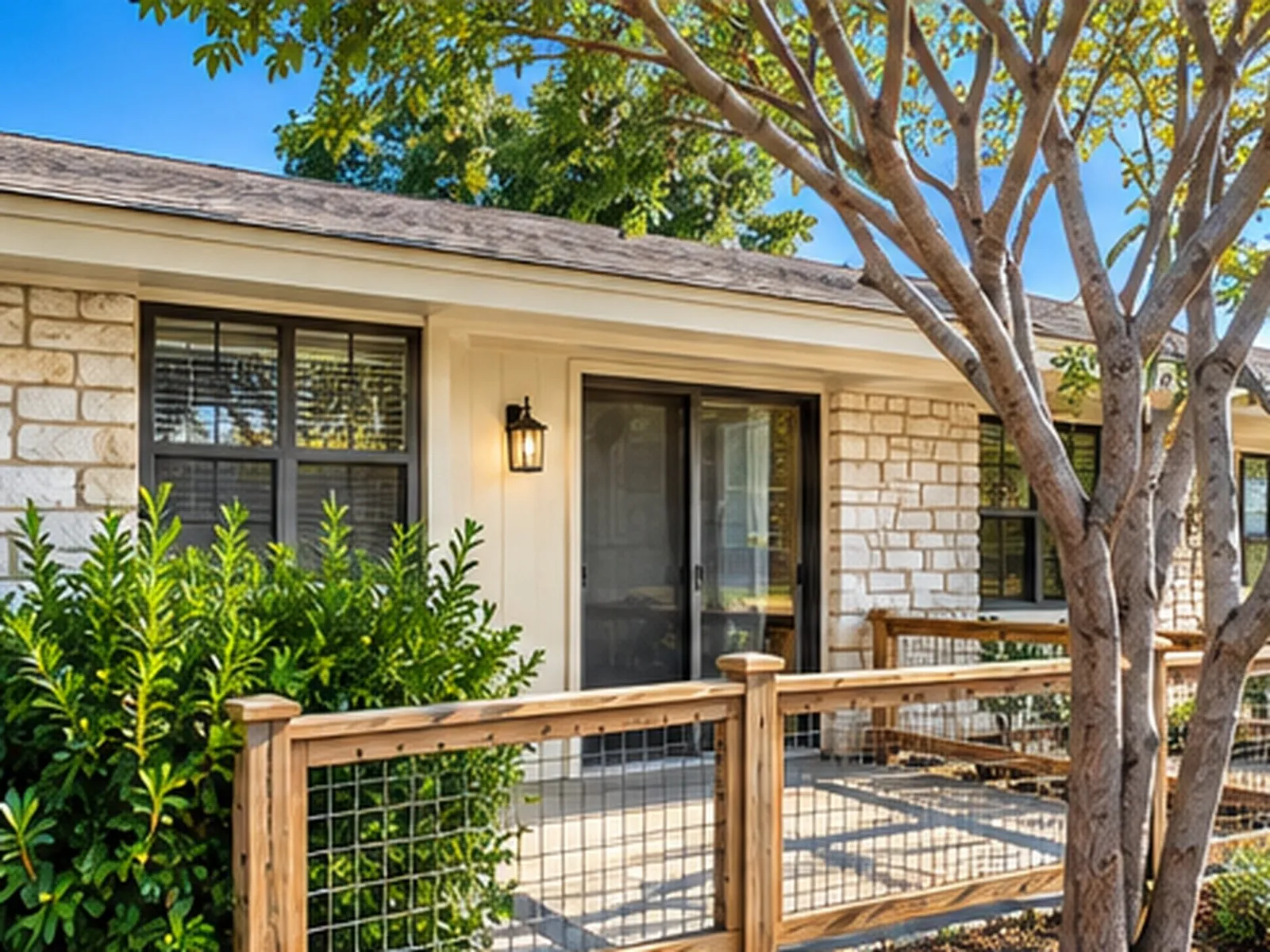 Stone veneer exterior with wood-frame windows, a sliding glass door, and an exterior wall lantern