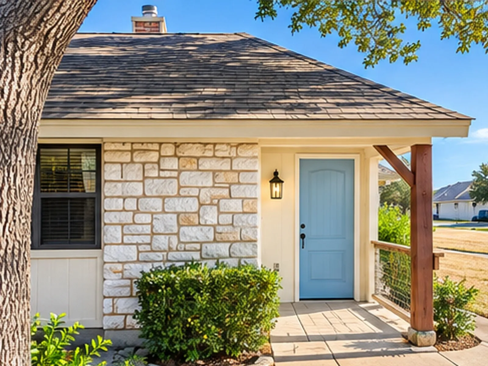 Stone veneer exterior with an inviting light blue entry door, covered porch with wood beam support, and a paved walkway