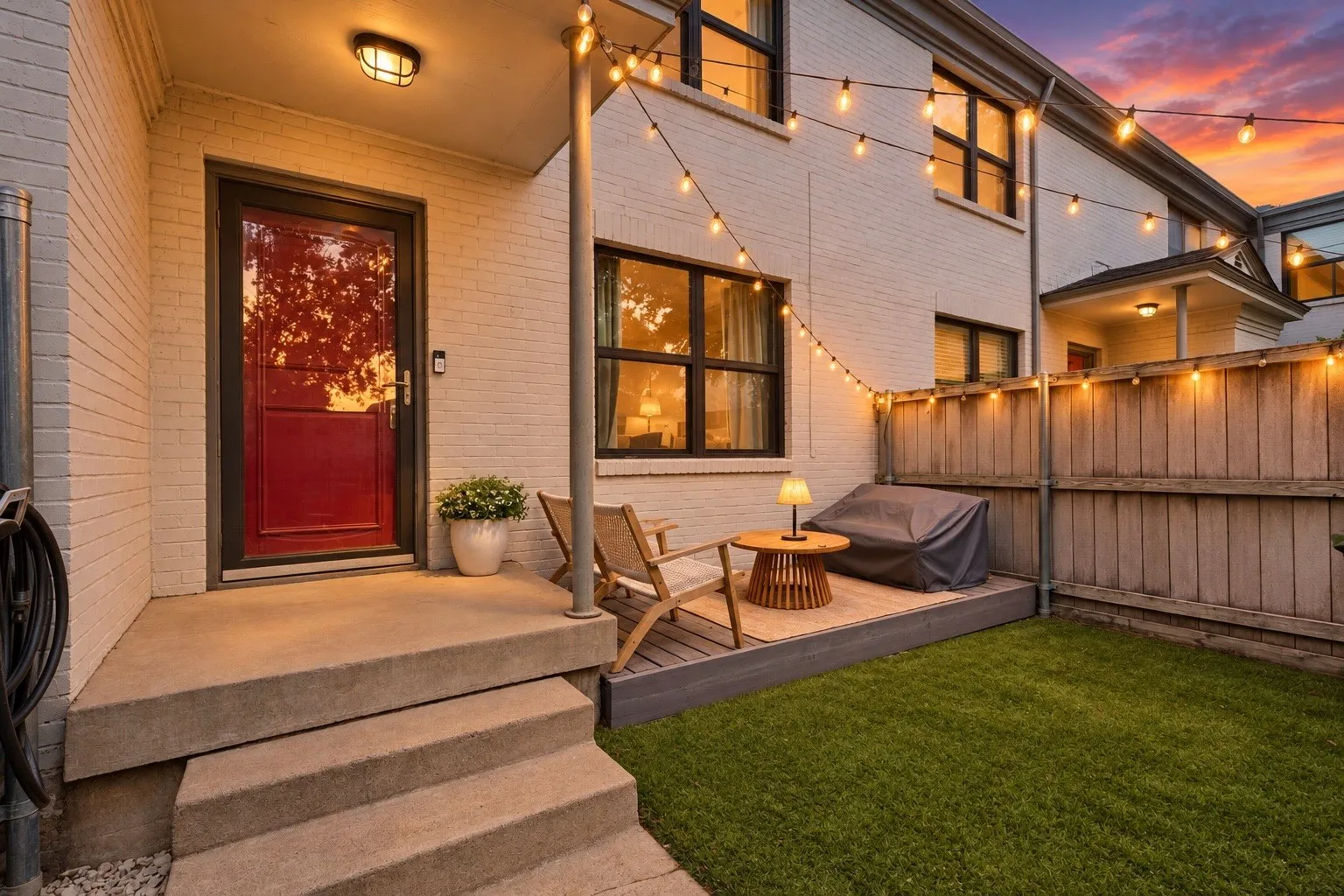 Red entry door with an overhead light fixture
