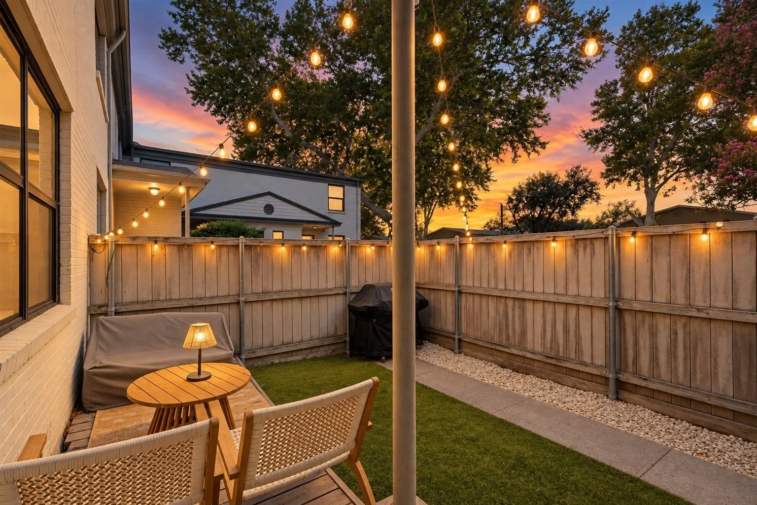 Enclosed yard featuring a wood fence, string lighting, and a manicured lawn area