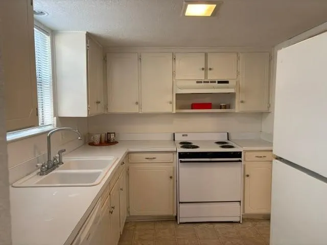 White cabinetry with coordinated countertops, double basin sink, and a built-in range with overhead ventilation