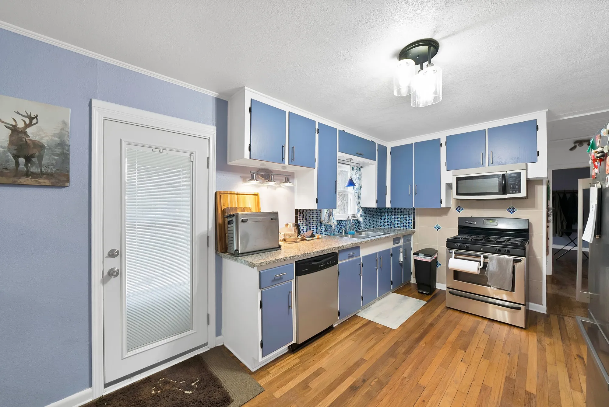 Kitchen featuring wood-finish flooring, blue cabinetry, stainless steel appliances, and a glass-paneled door