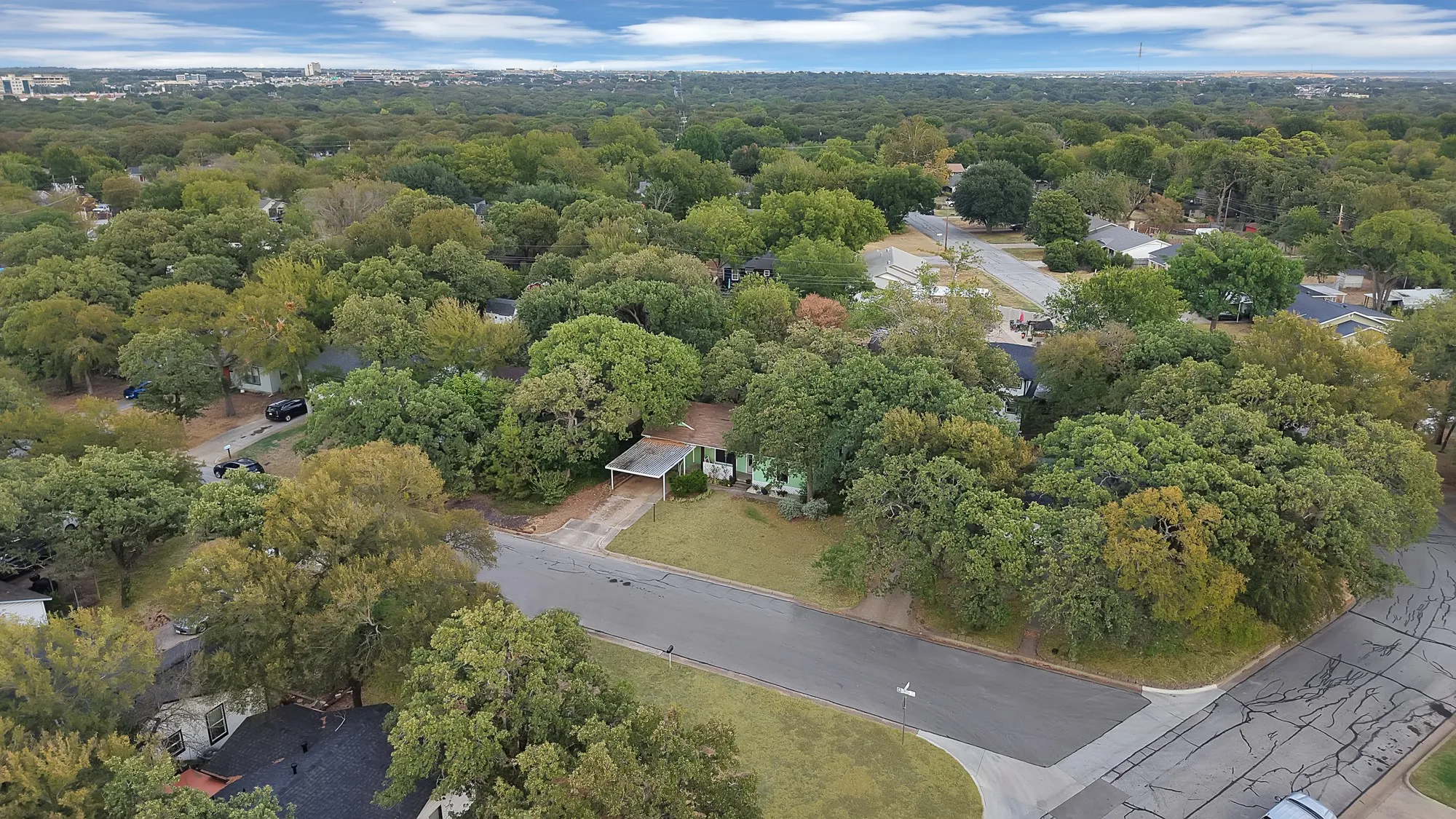 Aerial perspective of a verdant neighborhood with mature trees