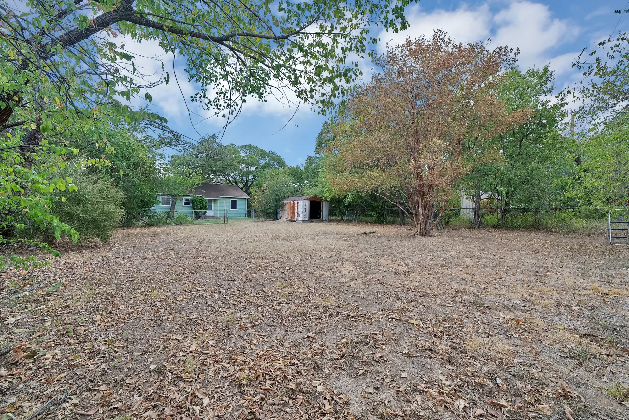Expansive outdoor space featuring mature trees, a detached storage structure, and a single-story residence