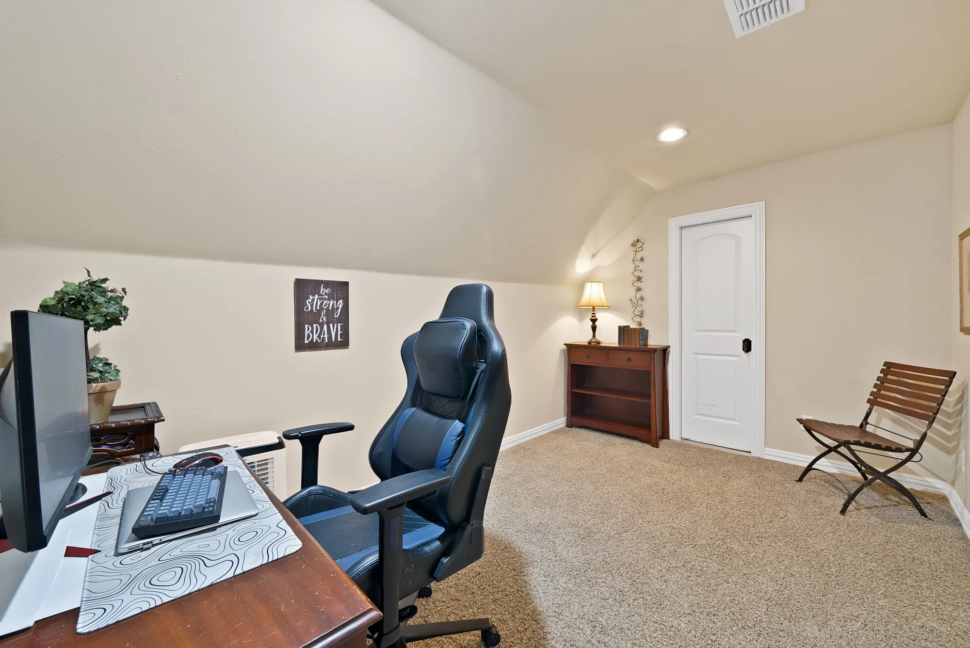 Carpeted flooring, vaulted ceiling, recessed lighting, built-in shelving, paneled interior door