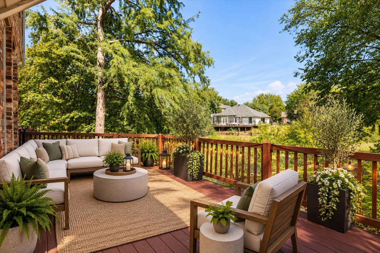 this deck overlooks the canal and greenbelt area