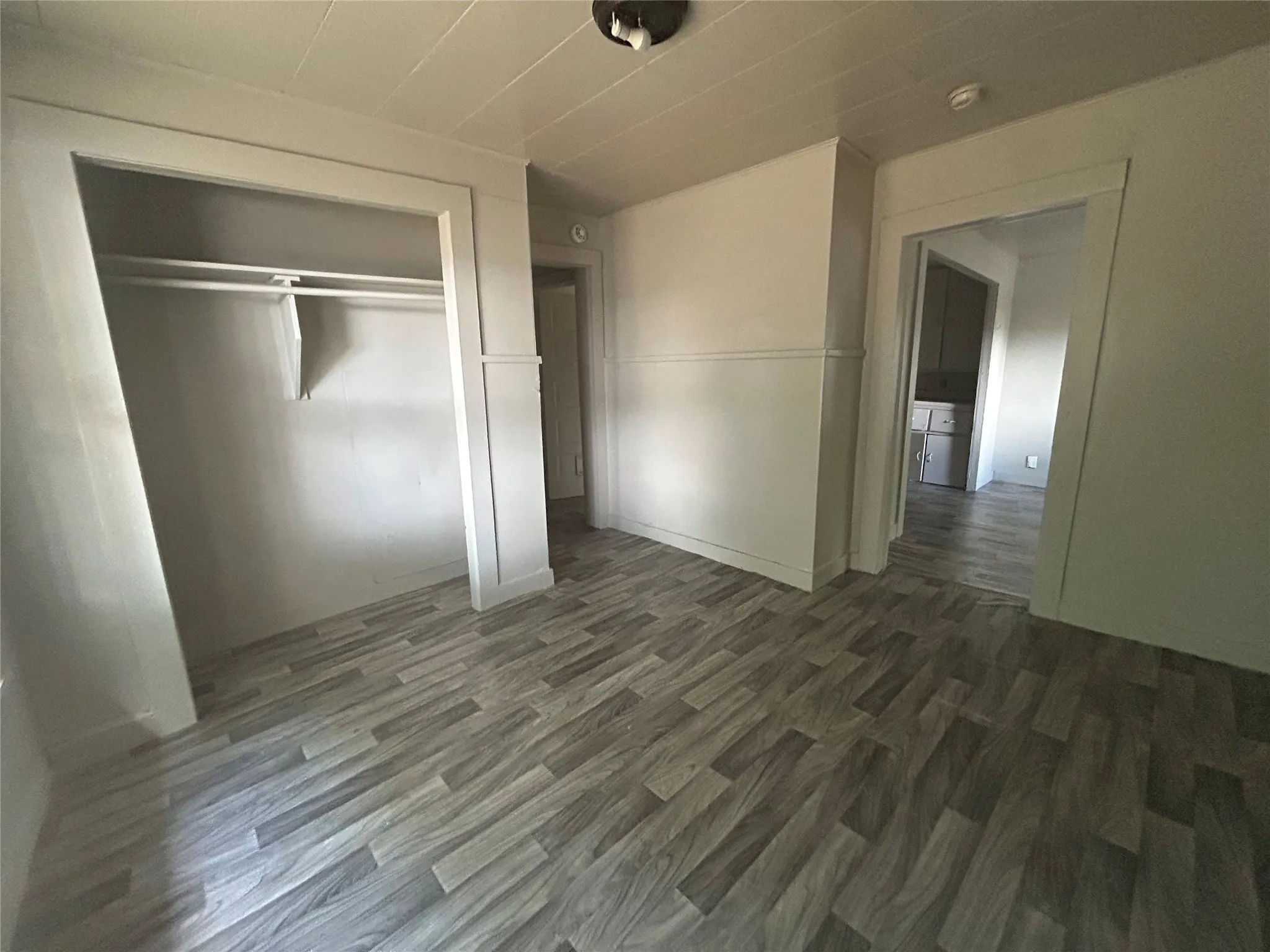 Wood-finish flooring, built-in closet with hanging rods, white painted walls, and white trim
