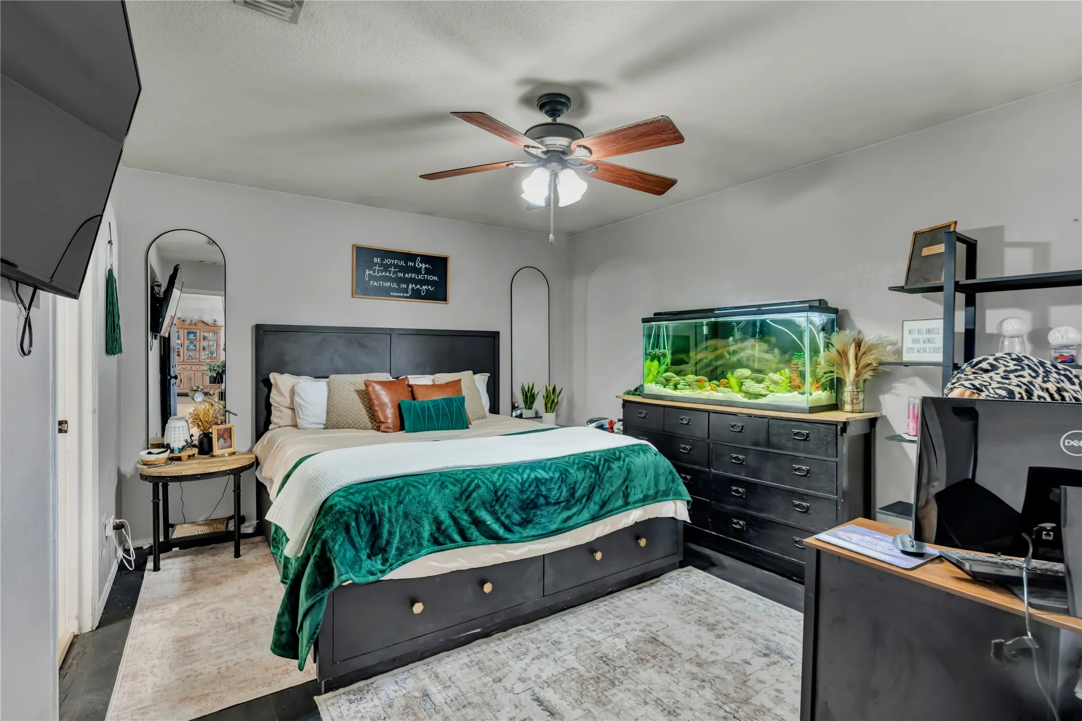 Gray wall paint, dark wood-finish flooring, ceiling fan, and black built-in shelving