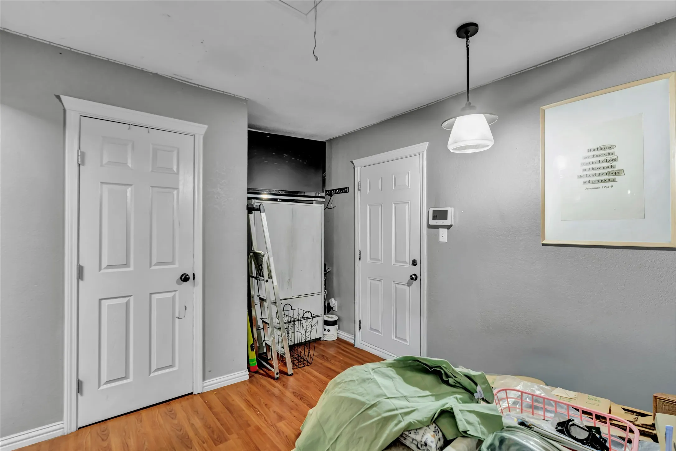Wood-finish flooring, paneled interior doors with trim, and a ceiling-mounted light fixture