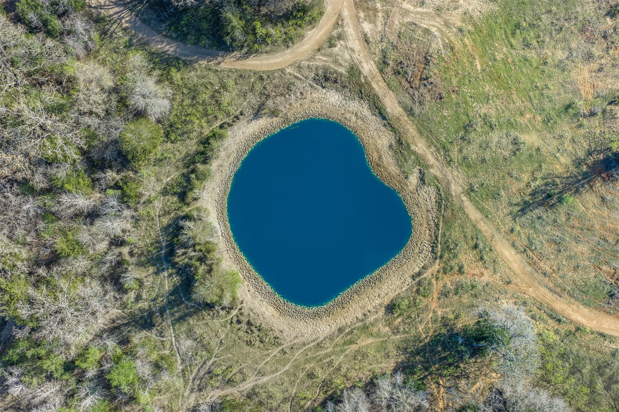 Private pond with clear blue water surrounded by natural landscape and wooded areas