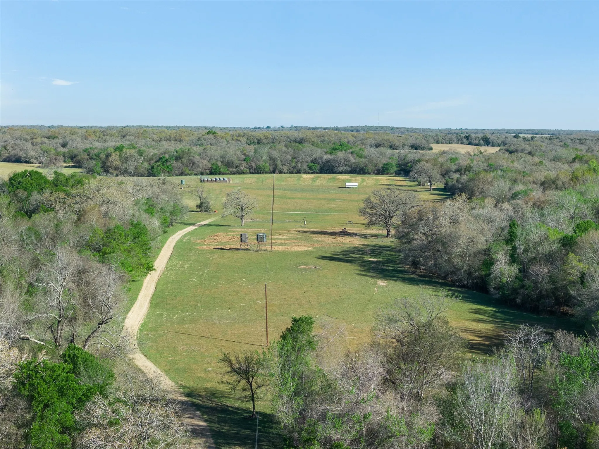 Expansive open acreage featuring a dirt road, mature trees, and natural wooded borders