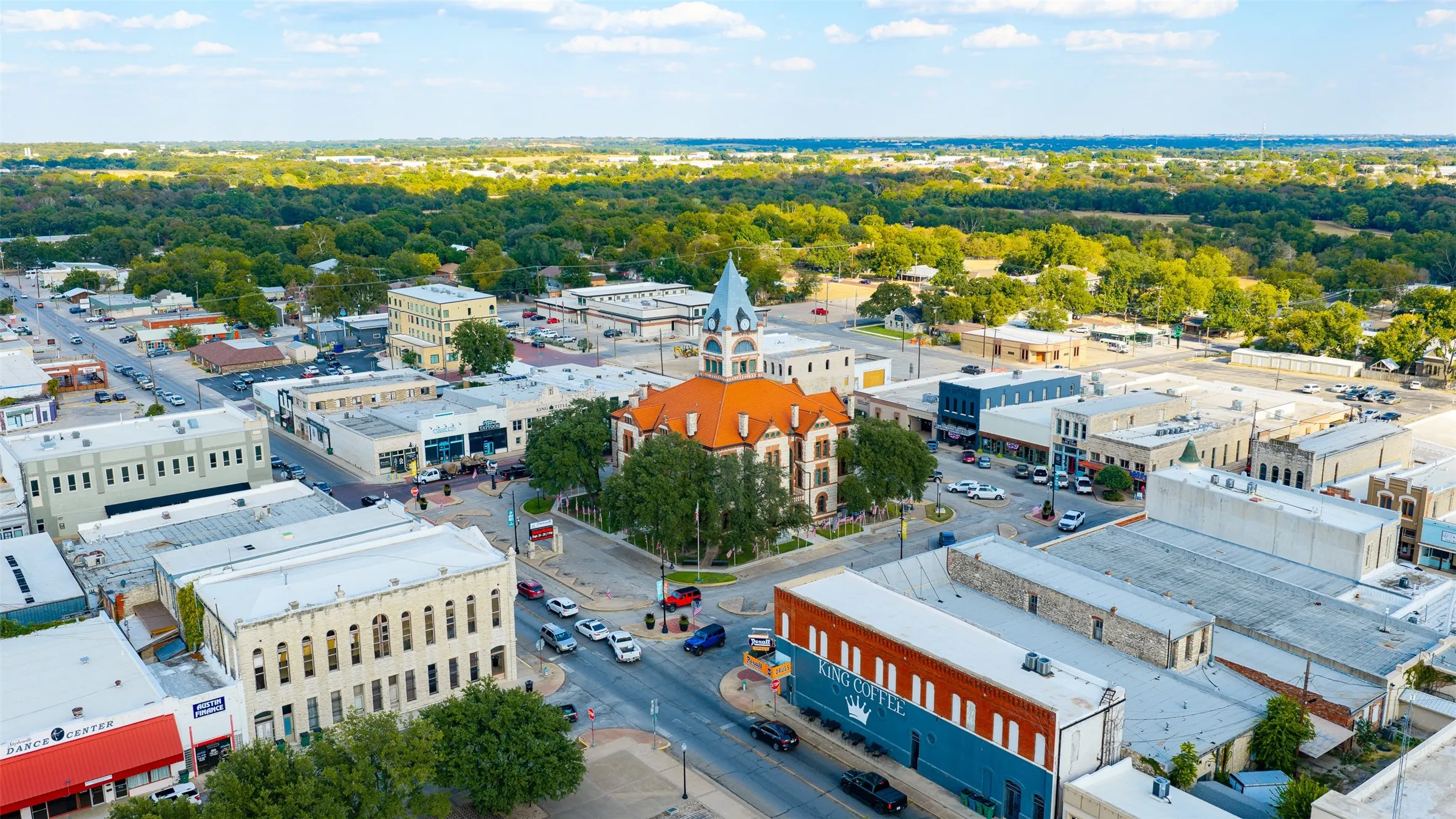 Aerial perspective of  town center.