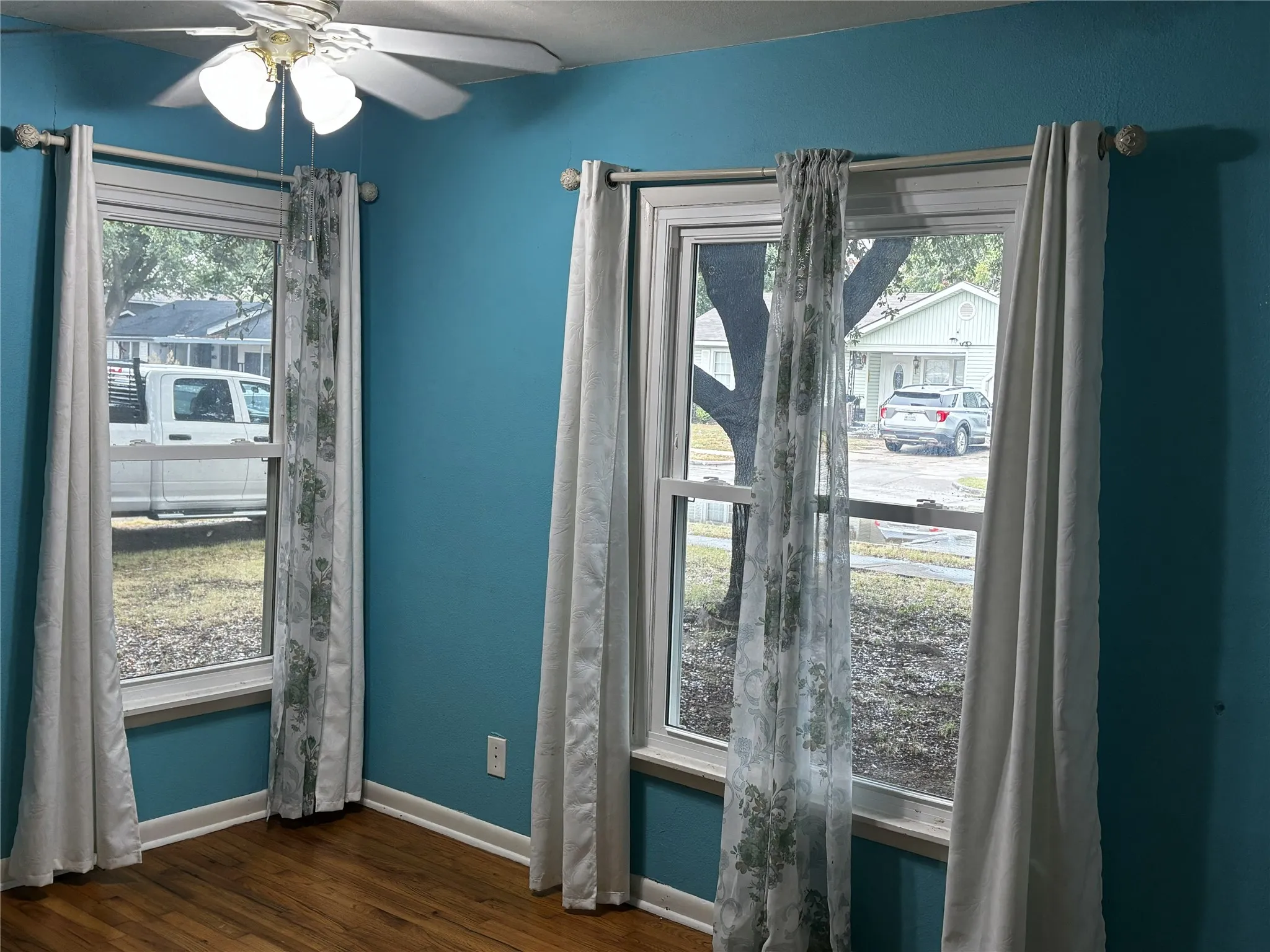 Wood-finish flooring with white trim