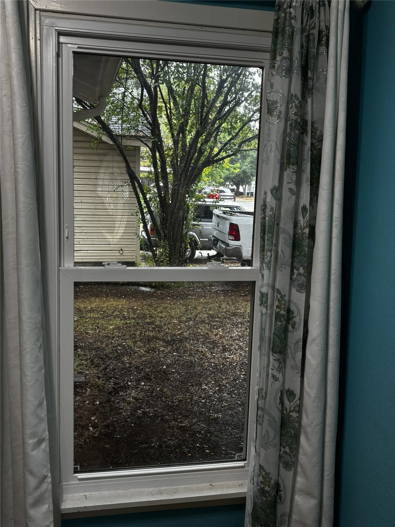 White-framed double-hung window with a sill
