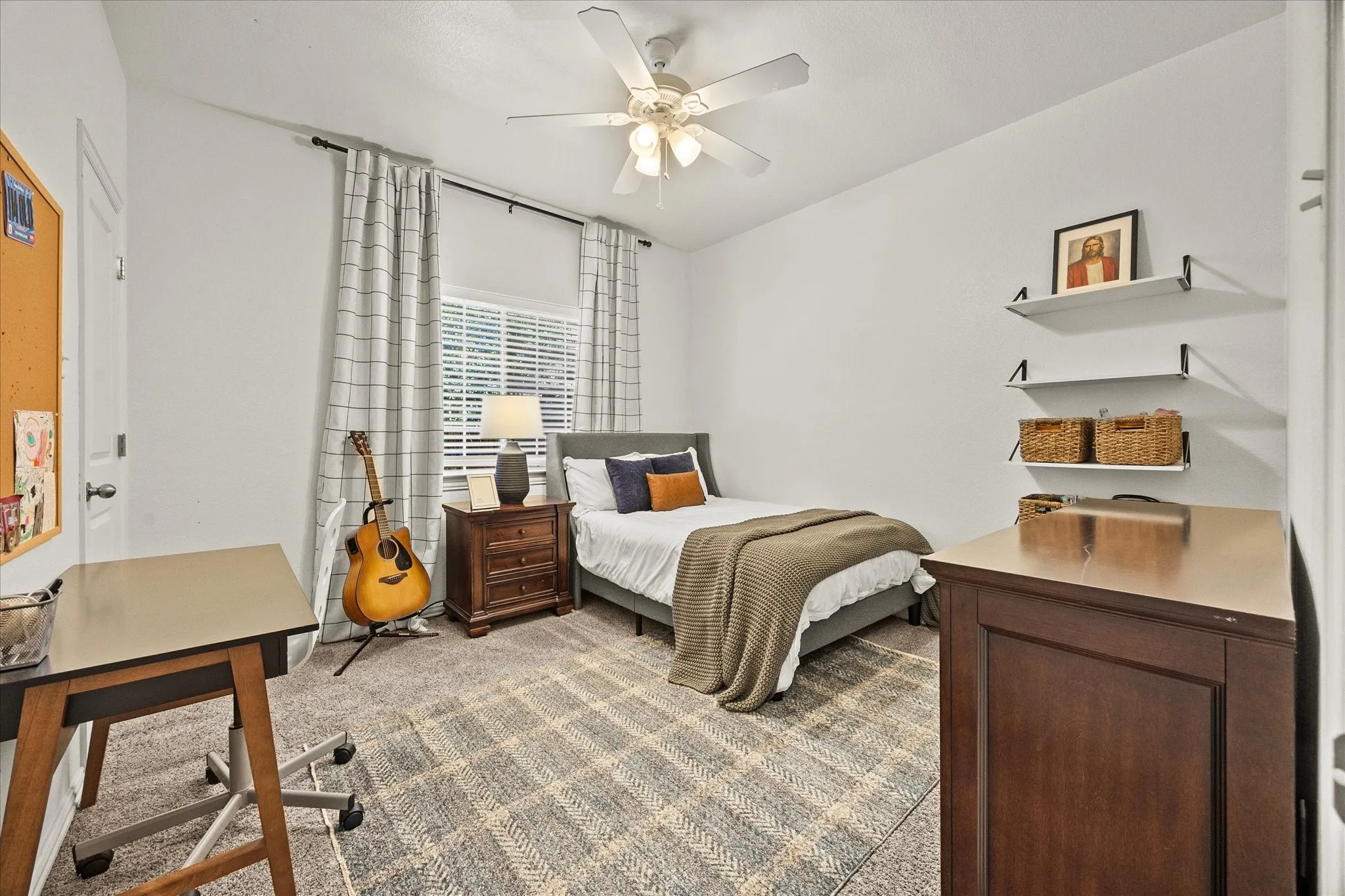 1602 Mapleleaf Drive Wylie, TX 75098 Recessed lighting, window with blinds, wood-finish desk, built-in shelving, and ceiling fan